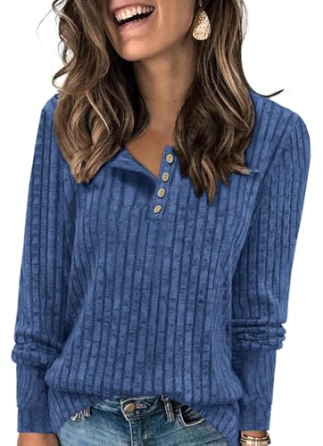 Enmain Pullover Damen Langarm Leichter Marineblau Strickpullover Herbst Lässige Rundhals-Knöpfe Elegant Weich Tunika Bluse Henley Shirt XXL von Enmain