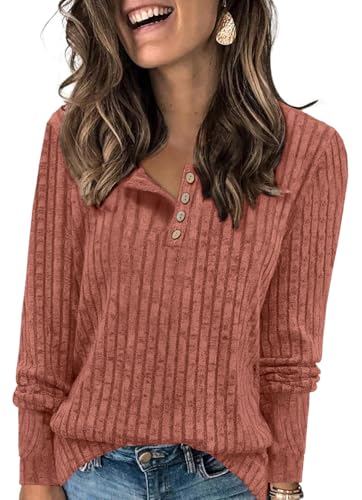 Enmain Pullover Damen Langarm Leichter Strickpullover Damen Elegant Rundhals-Knöpfe Lässige Orange Sweatshirt Oberteile für Herbst Winter XXL von Enmain