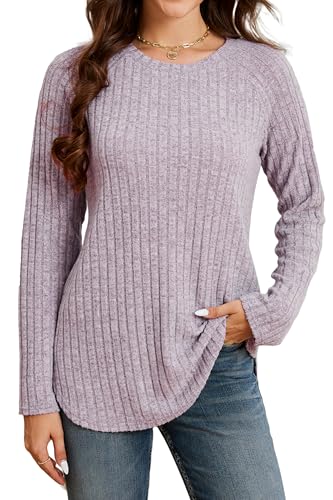 Enmain Pullover Damen Langarm Rundhals Leichter Sweatshirt Elegant Lässige Locker Strickpullover für Herbst Winter Flieder L von Enmain