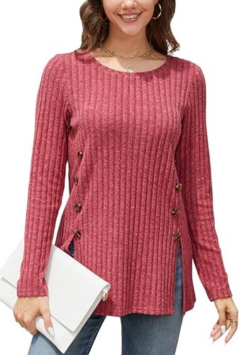 Enmain Pullover Damen Rot Langarm Leichter Rundhals Strickpullover Elegant Herbst Winter Sweatshirt mit Seitliche Knöpfe M von Enmain