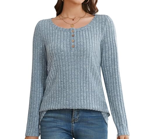 Enmain Pullover für Damen Langarm Leichter Blau Strickpullover Damen Elegant Rundhals-Knöpfe Lässige Elegant Weich Tunika Tops 3XL von Enmain