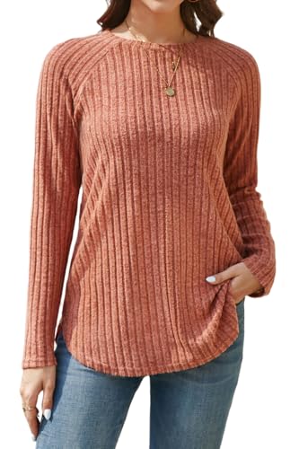Enmain Pullover für Damen Langarm Leichter Strickpullover Damen Elegant Rundhals Lässige Locker Tunika Top Karamell S von Enmain