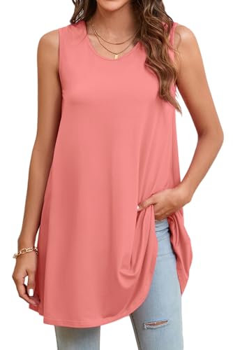Enmain Rosa Tank Tops Damen Sommer Tunika Ärmellos Lange Tops Große Größen Locker Longbluse Longshirt Lässig für Leggings Oberteile Shirt M von Enmain