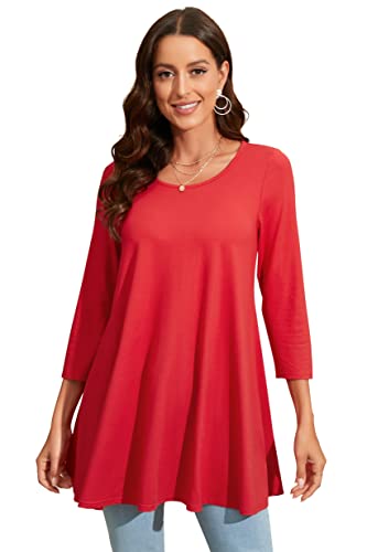 Enmain Rot Damen Tunika Top für Damen Dreivierte Langarm Blusen Tuniken Longline Bluse Longshirt Casual Rundhals Swing Tunika Tops 2XL von Enmain