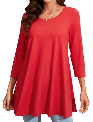Enmain Tunika Damen Langarm Rot 3/4 Ärmel Tuniken Große Größen Bluse Oberteile Frühling Sommer Herbst Langarmshirt Einfarbig Longshirt Damen Lässig für Leggings Langes T-Shirts XL von Enmain