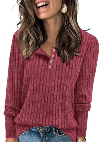 Enmain Rot Strickpullover für Damen Langarm Leichte Herbst Pullover Rundhals-Knöpfe Lässige Elegant Sweatshirt Tunika Tops XL von Enmain
