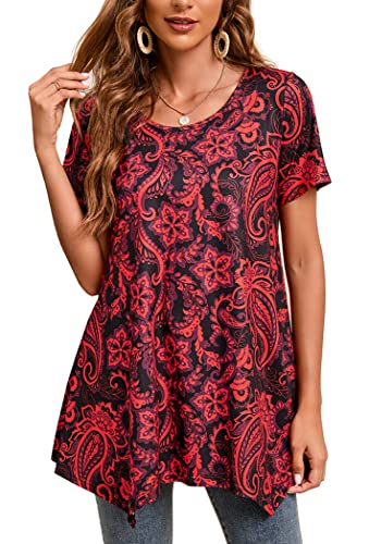 Enmain Tunika Damen Sommer Kurzarm Longshirt Locker Große Größen 3/4 Ärmel Bluse Tuniken Top Longbluse Oberteil Mit Aufdruck Für Lässig Festliche,Rot,L von Enmain