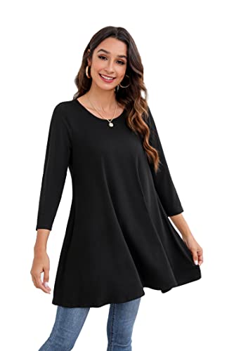 Enmain Schwarz Damen Tunika Top für Damen Dreivierte Langarm Blusen Tuniken Longline Bluse Longshirt Casual Rundhals Swing Tunika Tops 5XL von Enmain