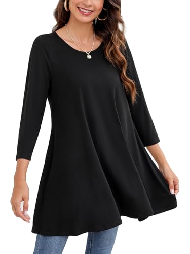 Enmain Schwarz Damen Tunika Top für Damen Dreivierte Langarm Blusen Tuniken Longline Bluse Longshirt Casual Rundhals Swing Tunika Tops XXL von Enmain
