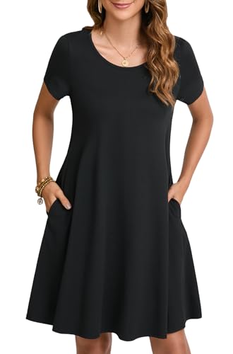 Enmain Schwarz Kleider Damen Sommer Kurzarm Knielänge T-Shirt Kleid Elegant Lässiges Boho Strandkleid mit Taschen, Schwarz, 2XL von Enmain