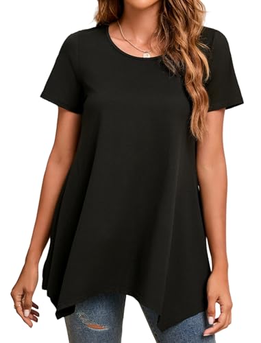 Enmain Tunika Damen Sommer Schwarz Kurzarm Rundhals Lose Tunika Swing Elegant Longshirt Lässig Tshirt Damen, Schwarz, 3XL von Enmain