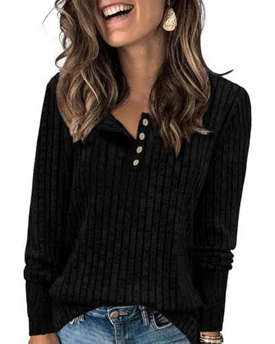 Enmain Schwarz Pullover Damen Langarm Leichter Strickpullover Damen Elegant Rundhals-Knöpfe Lässige Sweatshirt Oberteile für Herbst Winter M von Enmain