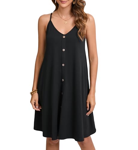 Enmain Schwarz Sommerkleid Damen Strandkleider Spaghettiträger V-Ausschnitt Knielang Ärmellos Freizeitkleid Midikleid Mit Taschen S von Enmain
