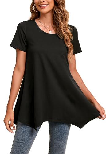 Enmain Schwarz Tunika Damen Kurzarm Sommer Große Größen Elegant Blusen Tuniken Für Frauen Weihnachten Festliche Bluse Long Oberteil Shirt,Schwarz,2XL von Enmain