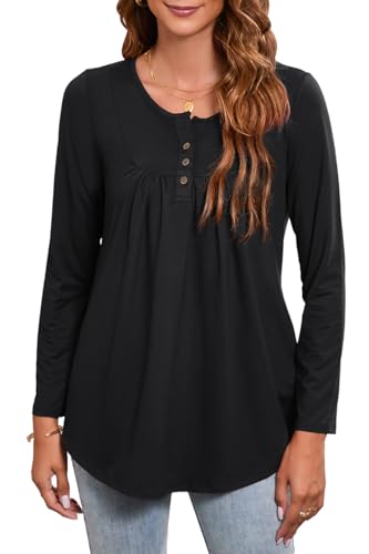 Enmain Schwarz Tunika Damen Langarm Plus Größe Tunika Tops für Leggings Loose Small V Neck Longline Bluse T Shirt Buttons Up Floral gedruckt T-Shirt, L1-Schwarz,M von Enmain