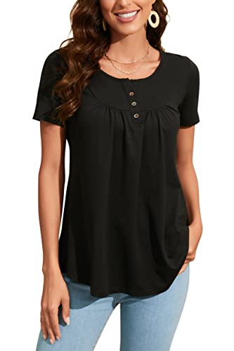 Enmain Schwarz Tunika Tops für Damen Kurzarm Plus Größe Tunika Tops für Leggings Loose Small V Neck Longline Damen Bluse T Shirt Buttons Up Bluse Floral T-Shirt,S1-Schwarz,L von Enmain