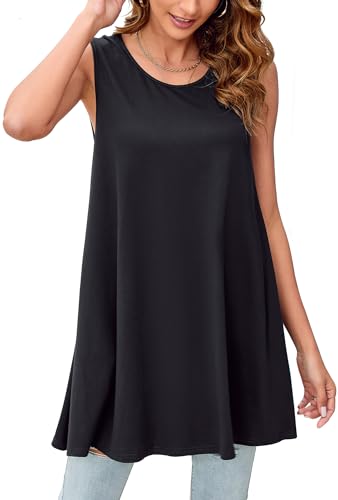 Enmain Schwarze Tank Tops Damen Sommer Tunika Ärmellos Große Größen Lange Tops Longbluse Longshirt Lässig für Leggings Oberteile Bluse Locker M von Enmain