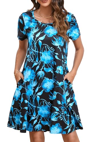 Enmain Sommer Kleid Damen Kurzarm Knielänge T-Shirt Kleid Elegant Lässiges Boho Strandkleid mit Taschen, Floral Dunkelblau, 2XL von Enmain