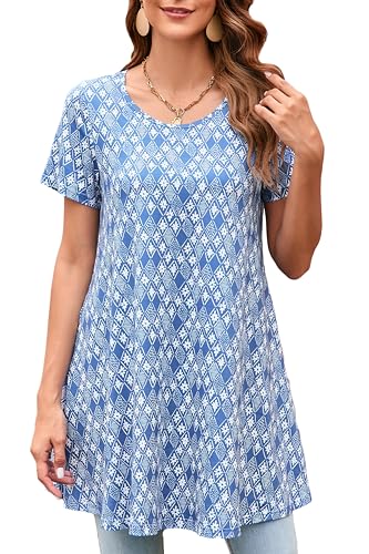 Enmain Tunika Damen Sommer Elegante Blau Longshirt Damen Kurzarm Lässig Tunika Damen große Größen Rundhalsausschnitt T Shirt Blusen, Blau, 2XL von Enmain