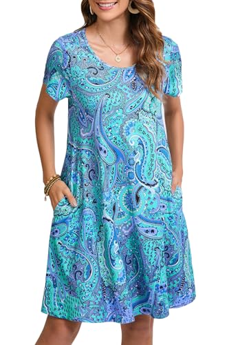 Enmain Sommerkleid Damen Kurzarm Knielänge T-Shirt Kleid Elegant Lässiges Boho Große Größen Strandkleid mit Taschen, BlauAqua, L von Enmain