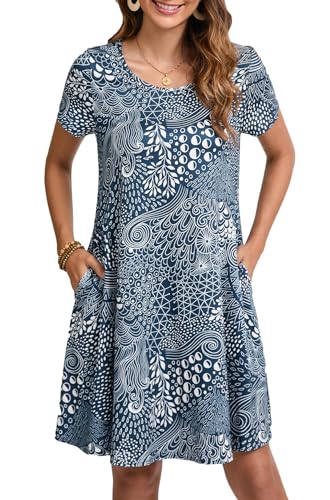 Enmain Sommerkleid Damen Kurzarm Knielänge T-Shirt Kleid Elegant Lässiges Boho Strandkleid mit Taschen, Blau, XL von Enmain