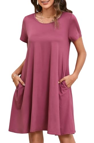 Enmain Sommerkleid Damen Kurzarm Knielänge T-Shirt Kleid Elegant Lässiges Boho Strandkleid mit Taschen, Dunkelrosa, L von Enmain
