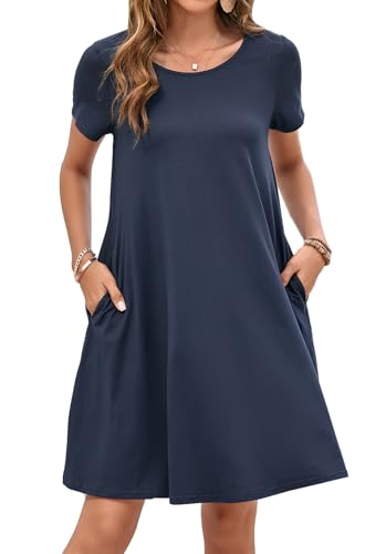 Enmain Sommerkleid Damen Kurzarm Knielänge T-Shirt Kleid Elegant Lässiges Boho Strandkleid mit Taschen, Marineblau, S von Enmain