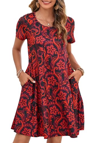 Enmain Sommerkleid Damen Kurzarm Knielänge T-Shirt Kleid Elegant Lässiges Boho Strandkleid mit Taschen, RotSchwarz, XL von Enmain