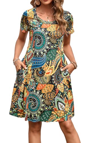 Enmain Sommerkleid Damen Kurzarm Knielänge T-Shirt Kleid Elegant Lässiges Boho Strandkleid mit Taschen, Schwarzbraun, 2XL von Enmain