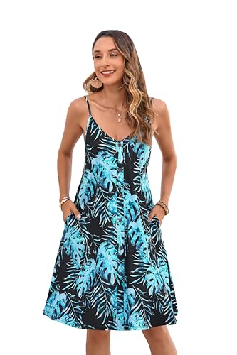 Enmain Sommerkleid Damen Leicht Knielang Spaghettiträger Sommer Kleider Lässiges Midikleid V-Ausschnitt Ärmellos mit Taschen Schwarz Blau S von Enmain