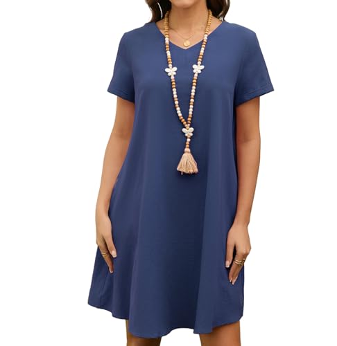 Enmain Sommerkleid Damen Marineblau Leinenkleider Knielang Casual V-Ausschnitt Strandkleider mit Taschen Ohne Zubehör 3XL von Enmain