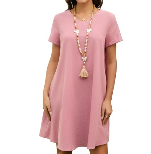 Enmain Sommerkleid Damen Rosa Leinenkleider Knielang Casual V-Ausschnitt Strandkleider mit Taschen Ohne Zubehör 3XL von Enmain