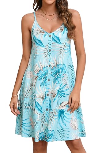 Enmain Sommerkleid Damen Strandkleid Kurz Spaghettiträger Trägerkleid Sommer Leicht Luftig V Ausschnitt Kleider mit Taschen Mintblau S von Enmain