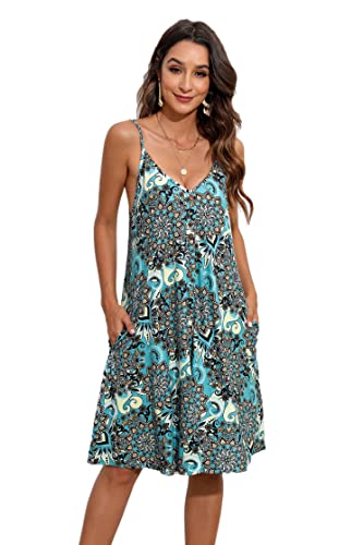 Enmain Sommerkleid Damen Strandkleider Spaghettiträger Swing Kleid Blumen V Ausschnitt Knielang Ärmellos Kleider mit Taschen 2XL von Enmain
