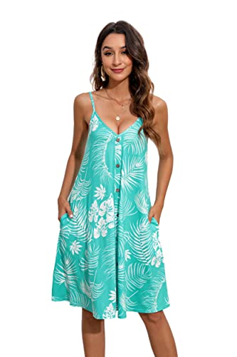 Enmain Sommerkleid für Damen Blumen Spaghettiträger Kleider Grün Lässiges Midikleid V-Ausschnitt Knielang Ärmellos mit Taschen 2XL von Enmain