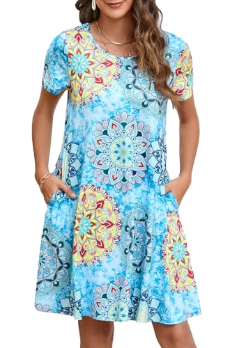 Enmain Sommerkleid für Damen Kurzarm Große Größen Boho Damenkleid mit Taschen Strandkleid Lässige in Knielänge, BlauGelb, L von Enmain