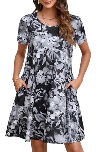 Enmain Sommerkleid für Damen Swing T-Shirt Kurzarm Kleid Lässige Sommer Boho Damenkleid mit Taschen Strandkleid in Knielänge, SchwarzGrauM von Enmain