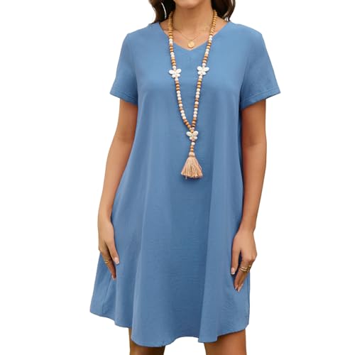 Enmain Sommerkleider Blau Damen Leicht Leinenkleid Knielang V-Ausschnitt Kurzarm Strandkleider mit Taschen Ohne Zubehör S von Enmain