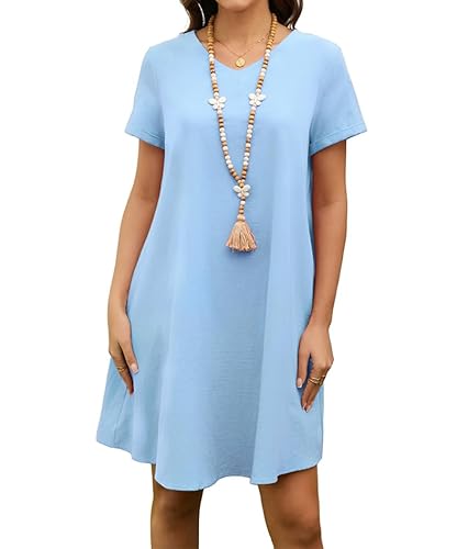 Enmain Sommerkleider Damen Blau Knielang Leinen Kleider Leicht V-Ausschnitt Kurzarm Strandkleider mit Taschen Ohne Zubehör M von Enmain