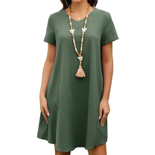 Enmain Sommerkleider Damen Grün Knielang Leinen Kleider Leicht V-Ausschnitt Kurzarm Strandkleider mit Taschen Ohne Zubehör L von Enmain