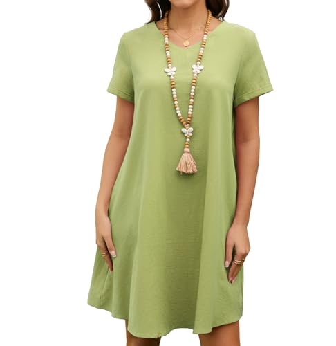 Enmain Sommerkleider Grün Damen Leicht Leinenkleid Knielang V-Ausschnitt Kurzarm Strandkleider mit Taschen Ohne Zubehör XL von Enmain