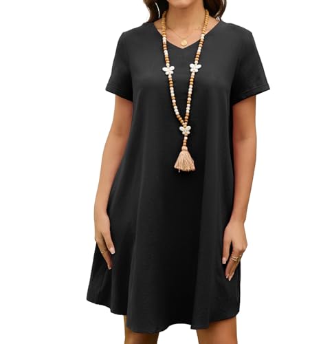 Enmain Sommerkleider Schwarz Damen Leicht Leinenkleid Knielang V-Ausschnitt Kurzarm Strandkleider mit Taschen Ohne Zubehör XL von Enmain