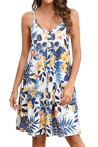 Enmain Spaghettiträger Sommerkleid Damen Strandkleid Leicht Luftig Sommer Elegant Kleider Weißes Blumen Trägerkleid Kurz Knielang M von Enmain