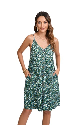Enmain Spaghettiträger Strandkleid für Damen Grün Blumen Sommerkleid Knielang V-Ausschnitt Casual Swing Kleid mit Taschen L von Enmain