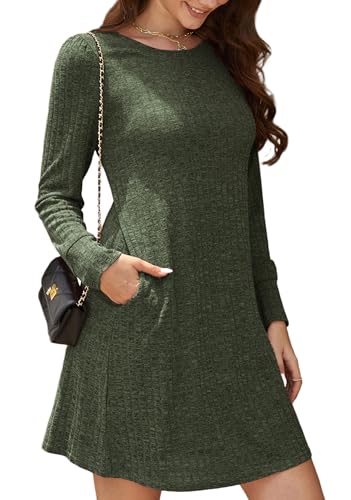 Enmain Strickkleid Damen Grün Kleider Pulloverkleid Frauen Winter Herbst Freizeit Kleid Langarm mit Rundhalsausschnitt und Taschen von Enmain