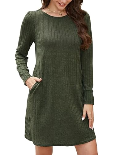 Enmain Strickkleid Damen Grün Kleider Pulloverkleid Frauen Winter Herbst Freizeit Kleid Langarm mit Rundhalsausschnitt und Taschen von Enmain