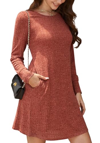 Enmain Strickkleid Damen Karamell Kleider Pulloverkleid Frauen Winter Herbst Freizeit Kleid Langarm mit Rundhalsausschnitt und Taschen von Enmain