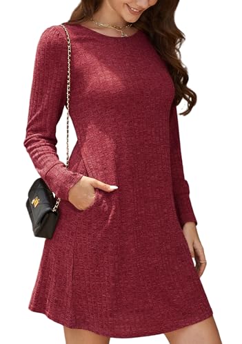 Enmain Strickkleid Damen Weinrot Kleider Pulloverkleid Frauen Winter Herbst Freizeit Kleid Langarm mit Rundhalsausschnitt und Taschen von Enmain
