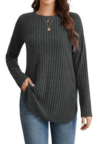 Enmain Strickpullover Damen Rundhals Langarmshirt Herbst Langarm Leichter Pullover Damen Elegant Lässige Sweatshirts Dunkel Grau M von Enmain