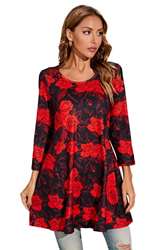 Enmain T Shirt Damen Langarm Bluse Tunika Casual Elegante Locker Longshirt Blumen Rundhals Longline Oberteile 3/4 ärmel Top Tunika für Damen M von Enmain